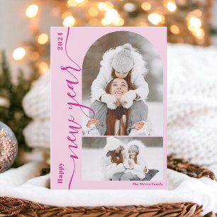 Cartes Pour Fêtes Annuelles Joyeux Nouvel An 3 arche photo moderne script rose