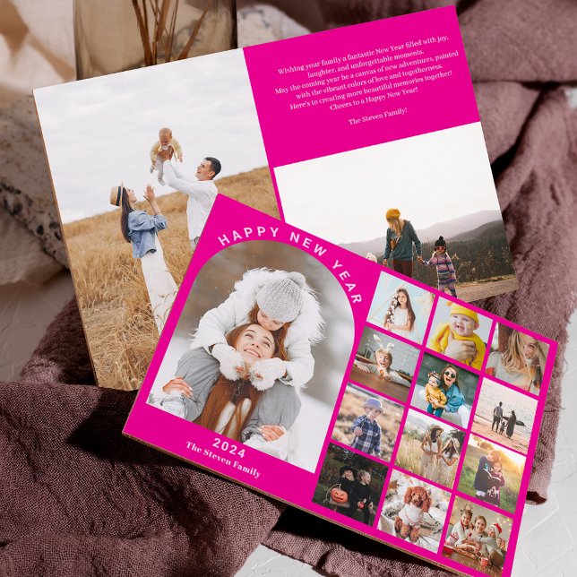 Cartes Pour Fêtes Annuelles Joyeux Nouvel An année en examen 15 photos rose (Happy New Year arch year in review 15 photos pink Holiday Card)