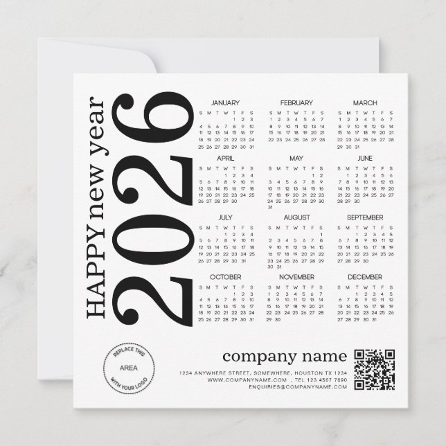 Cartes Pour Fêtes Annuelles Joyeux Nouvel An Business 2026 calendrier Logo Cod (Devant)
