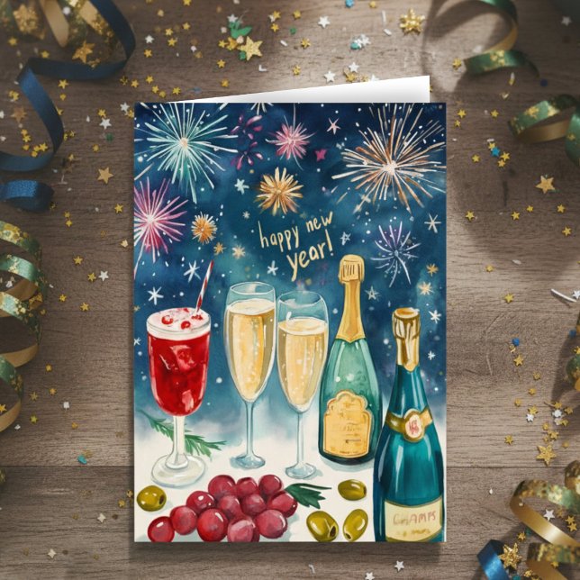 Cartes Pour Fêtes Annuelles JOYEUX NOUVEL AN Feux d'artifice bulleux aquarelle (HAPPY NEW YEAR Watercolor Bubbly Fireworks Holiday Greeting Card
)