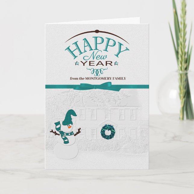 Cartes Pour Fêtes Annuelles Joyeux Nouvel An Front Yard Snowman avec le nom (Devant)