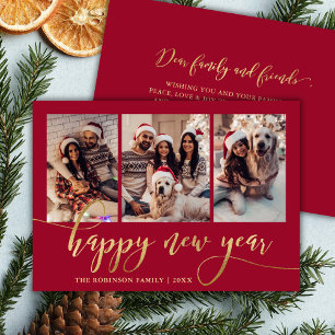 Cartes Pour Fêtes Annuelles Joyeux Nouvel An Or Script Rouge 3 Photo Collage