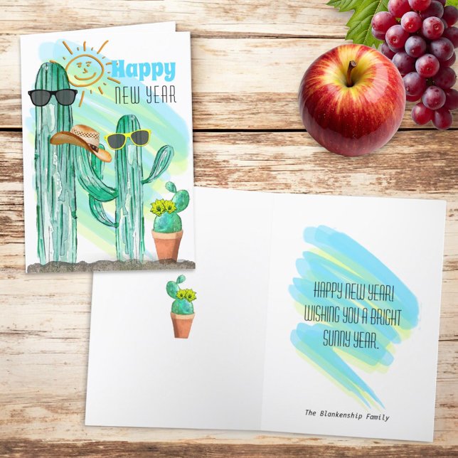 Cartes Pour Fêtes Annuelles Joyeux Nouvel An Sud-Ouest Saguaro Cactus (greeting card template front cover and inside)