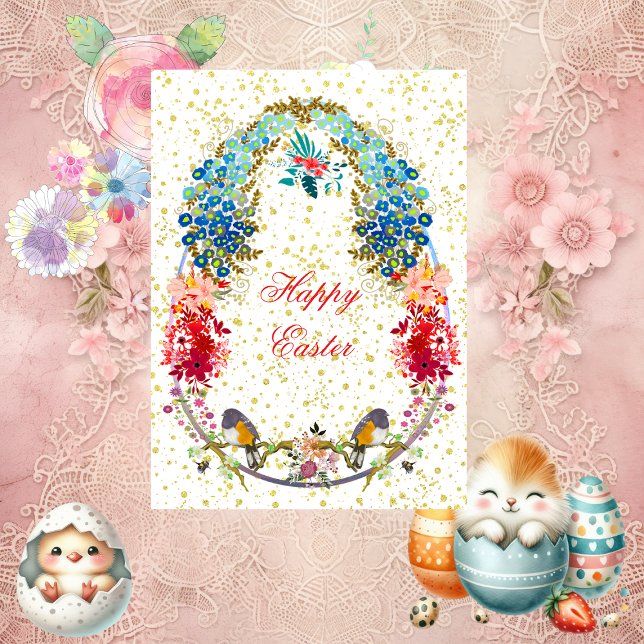 Cartes Pour Fêtes Annuelles Joyeux OEufs de Pâques Oiseaux Salutation fleurie (Decorative Happy Easter Eggs Birds Floral Greeting Holiday Card)