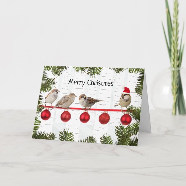 Cartes Pour Fêtes Annuelles Joyeux Oiseaux de Noël sur un membre (Devant)