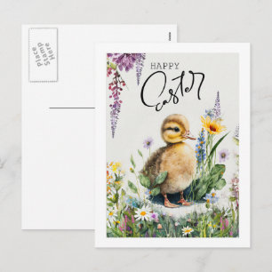 Cartes Pour Fêtes Annuelles Joyeux Pâques. Aquarelle Cute Duckkling