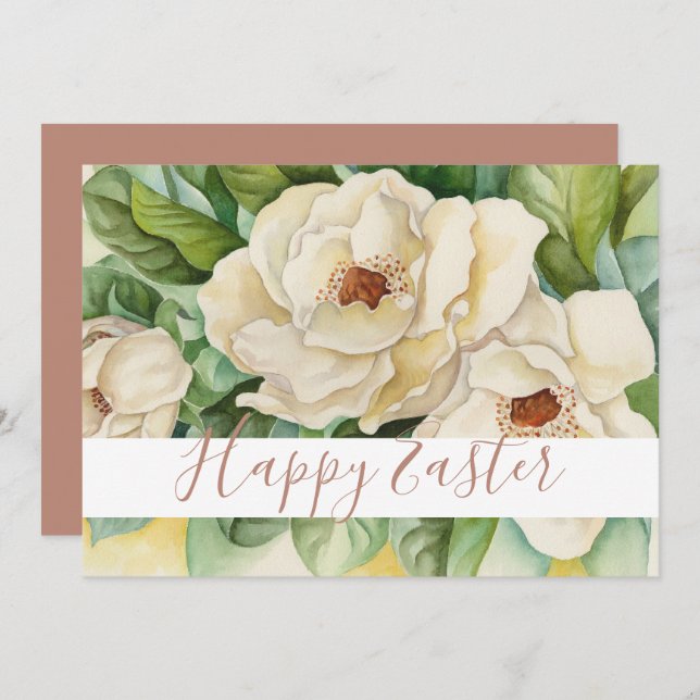 Cartes Pour Fêtes Annuelles Joyeux Pâques blanc Magnolia Rose Gold Texte Flora (Devant / Derrière)