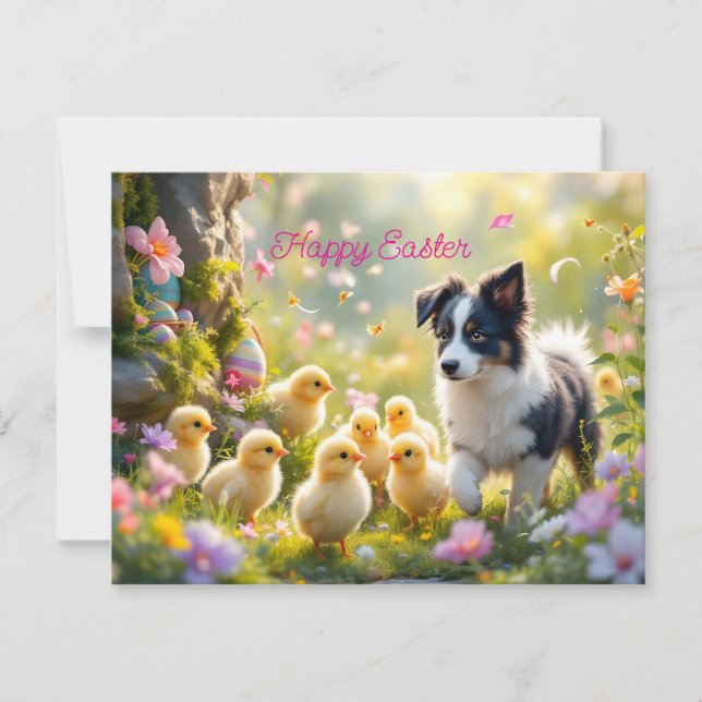 Cartes Pour Fêtes Annuelles Joyeux Pâques Collie et les poussins (Devant)
