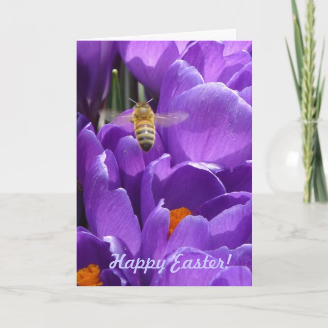 Cartes Pour Fêtes Annuelles Joyeux Pâques ! "Crocus et abeilles de miel" (Devant)