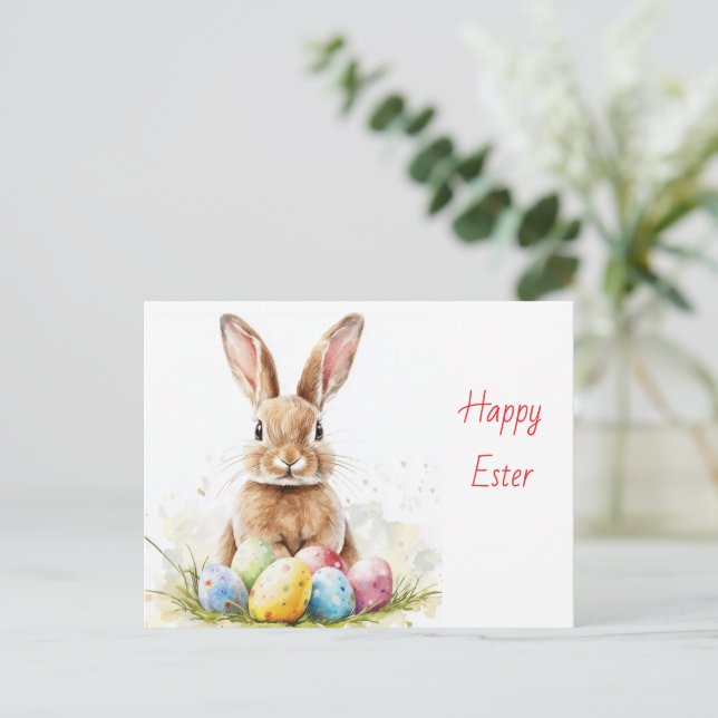Cartes Pour Fêtes Annuelles Joyeux Pâques - Drôle lapin avec Oeuf délice (Debout devant)