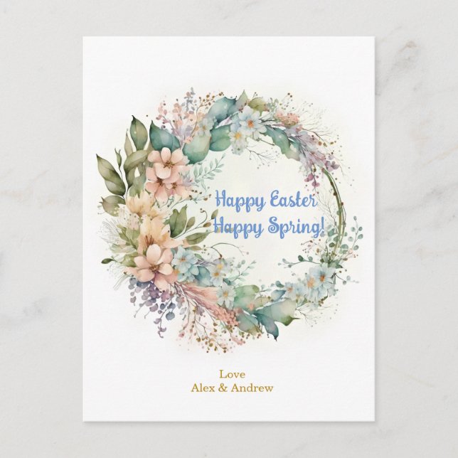 Cartes Pour Fêtes Annuelles Joyeux Pâques Happy Printemps Sky Blue Floral Wrea (Devant)
