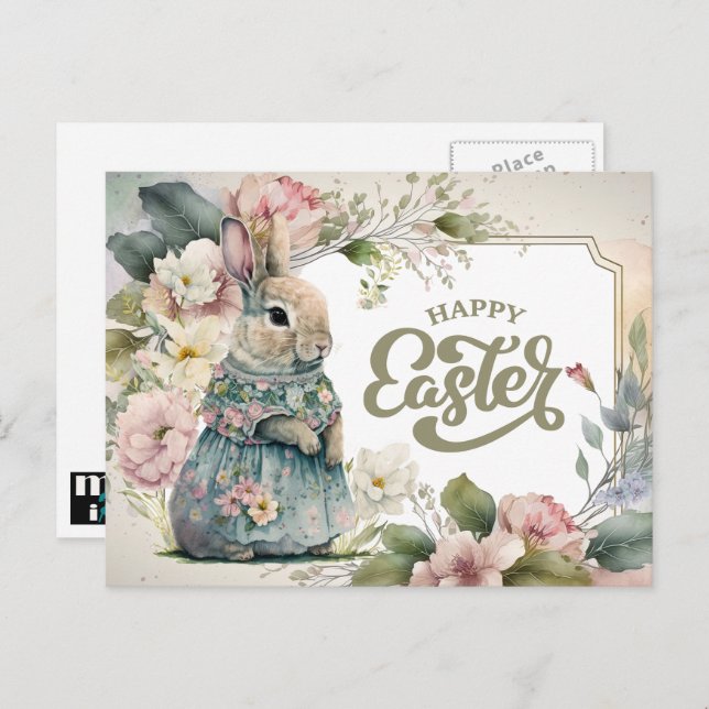 Cartes Pour Fêtes Annuelles Joyeux Pâques. Joli lapin à l'ancienne (Devant / Derrière)