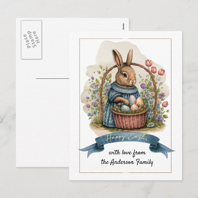 Cartes Pour Fêtes Annuelles Joyeux Pâques. Joli lapin à l'ancienne avec des oe (Devant / Derrière)