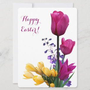 Cartes Pour Fêtes Annuelles Joyeux Pâques jolie tulipes roses crocus jaune mig