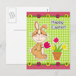 Cartes Pour Fêtes Annuelles Joyeux Pâques. Lapin mignon avec tulipes