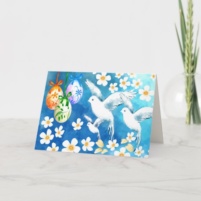 Cartes Pour Fêtes Annuelles Joyeux Pâques. Oeufs de Pâques et colombes Peintur (Devant)