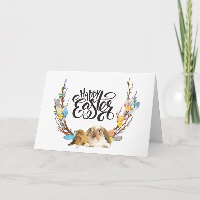 Cartes Pour Fêtes Annuelles Joyeux Pâques | Poule lapin avec branche de saule (Devant)