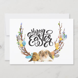 Cartes Pour Fêtes Annuelles Joyeux Pâques   Poule lapin avec branche de saule