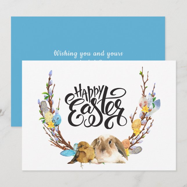 Cartes Pour Fêtes Annuelles Joyeux Pâques | Poule lapin avec branche de saule (Devant / Derrière)