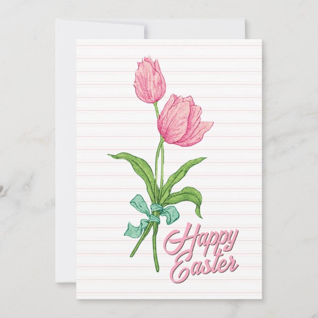 Cartes Pour Fêtes Annuelles Joyeux Pâques rose Tulipe Fleur Bow Stripes Printe (Devant)