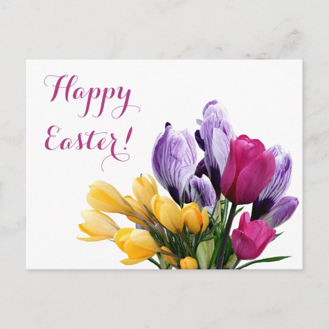Cartes Pour Fêtes Annuelles Joyeux Pâques violet jaune crocus rose tulip migno (Devant)