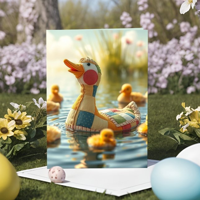 Cartes Pour Fêtes Annuelles Joyeux Patchwork de Whimsical Plush Duck Mama Pâqu (Adorable patchwork mama duck plushie Easter card with swimming baby ducklings in Spring sunshine.)