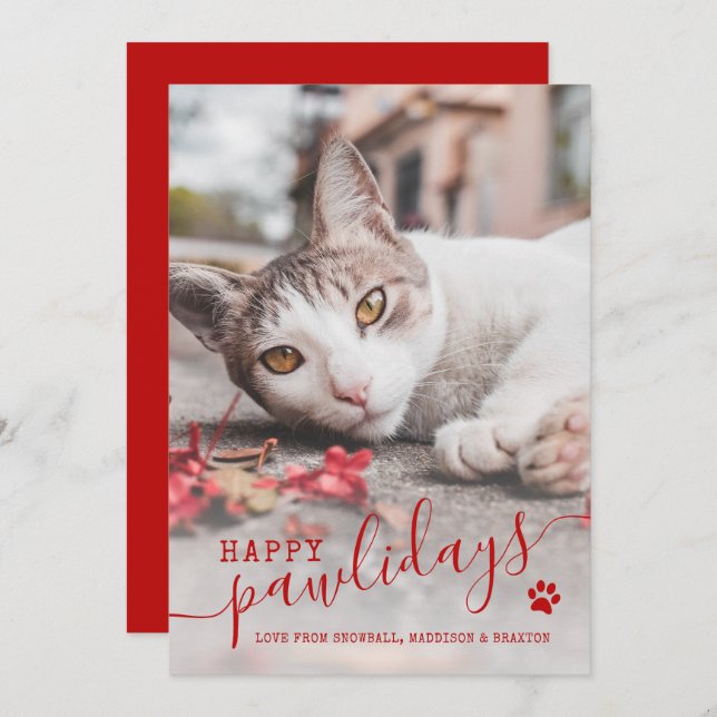 Cartes Pour Fêtes Annuelles Joyeux Pawlidays Chat Photo Animal de compagnie Re (Devant / Derrière)
