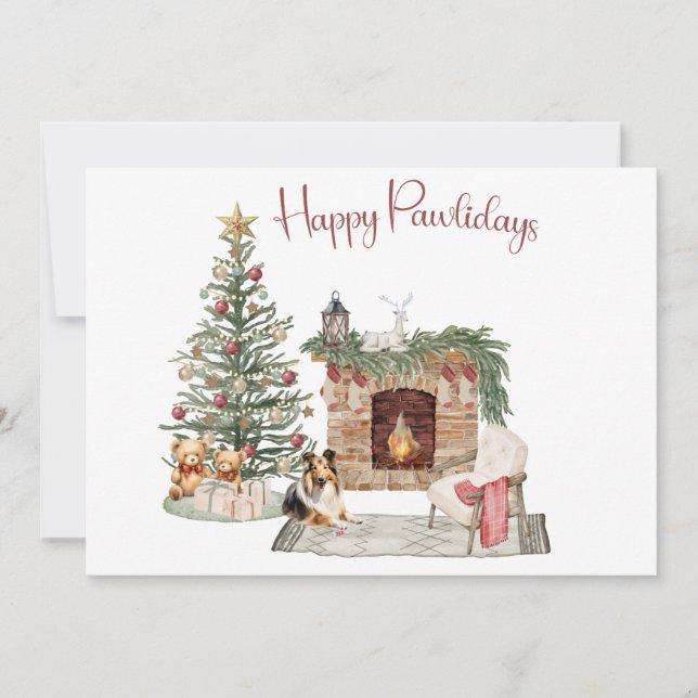 Cartes Pour Fêtes Annuelles Joyeux Pawlidays Conception Chien - Sheltie (Devant)