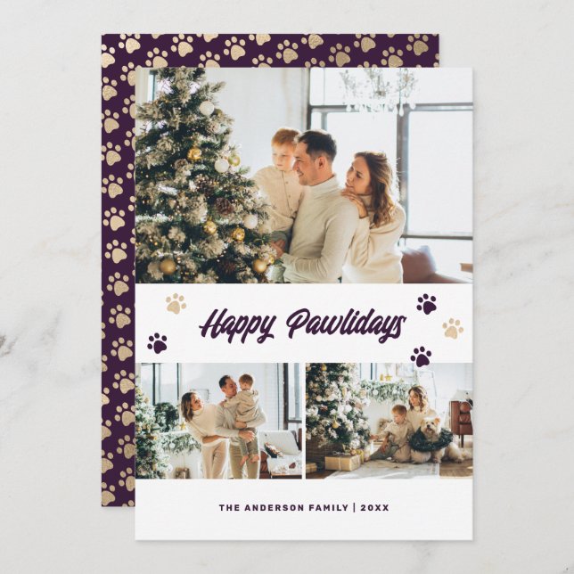 Cartes Pour Fêtes Annuelles Joyeux Pawlidays Moderne Purple Gold Photo (Devant / Derrière)