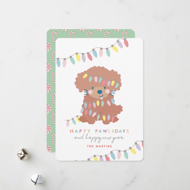Cartes Pour Fêtes Annuelles Joyeux Pawlidays Toy Poodle Puppy Feux de Noël (Devant/Arrière en situation)