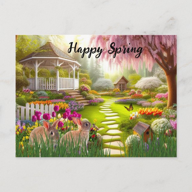 Cartes Pour Fêtes Annuelles Joyeux paysage de jardin de fleurs de printemps (Devant)