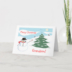 Cartes Pour Fêtes Annuelles Joyeux petit-fils de Noël !-Snowman et Sledding