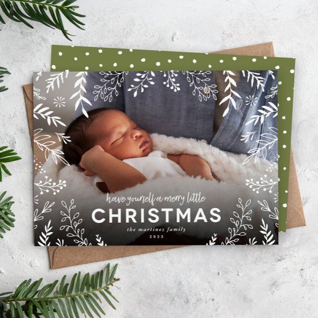 Cartes Pour Fêtes Annuelles Joyeux petit Noël Botanique Superposition Photo (Créateur téléchargé)