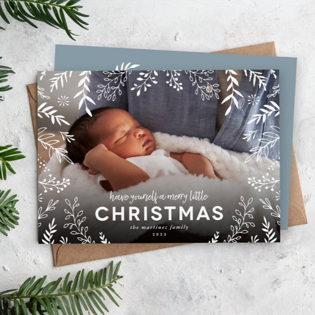 Cartes Pour Fêtes Annuelles Joyeux petit Noël Botanique Superposition Photo (Créateur téléchargé)