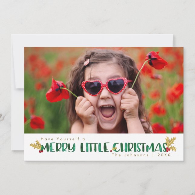 Cartes Pour Fêtes Annuelles Joyeux petit Noël Rouge & Or Holly Aquarelle (Devant)