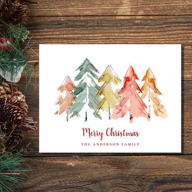 Cartes Pour Fêtes Annuelles Joyeux pins de Noël Aquarelle Abstraite (Spread the love and joy of the season with your friends and family near and far)