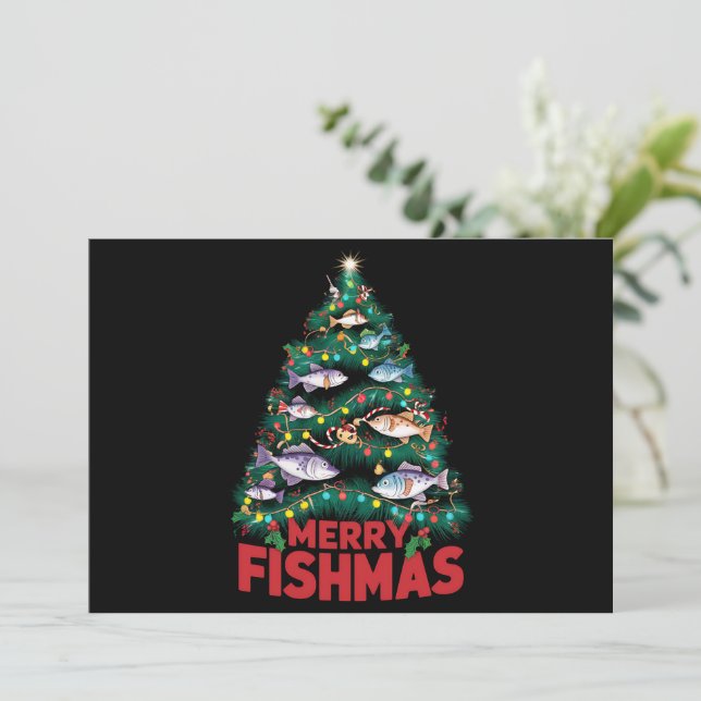 Cartes Pour Fêtes Annuelles Joyeux Poissons de Noël Lumières Poissons Pêche (Debout devant)