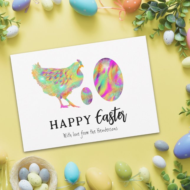 Cartes Pour Fêtes Annuelles Joyeux Poulet de Pâques et oeufs aquarelle (Personalized happy easter colorful watercolor cute chicken & Easter eggs holiday greetings postcard)
