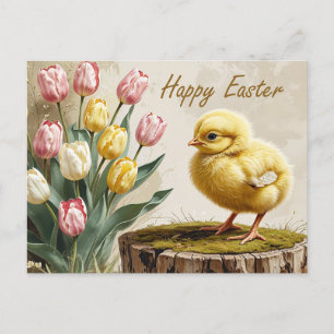Cartes Pour Fêtes Annuelles Joyeux poulet Vintage de Pâques avec tulipes