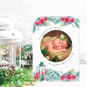 Cartes Pour Fêtes Annuelles Joyeux premier Noël Holly Mistletoe Baby Photo