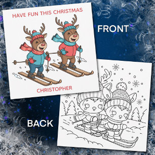 Cartes Pour Fêtes Annuelles Joyeux Renne de Noël au Ski avec Page de Coloriage