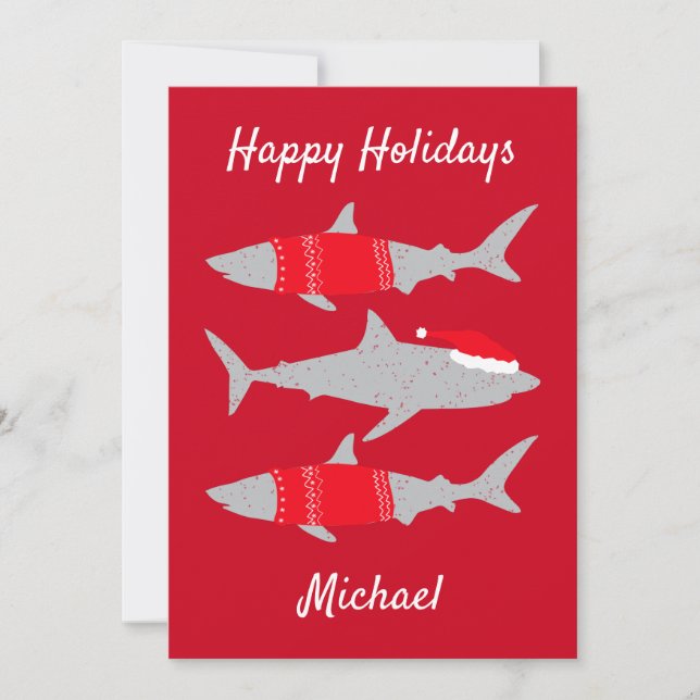 Cartes Pour Fêtes Annuelles Joyeux requins de vacances à Père Noël tenues amus (Devant)