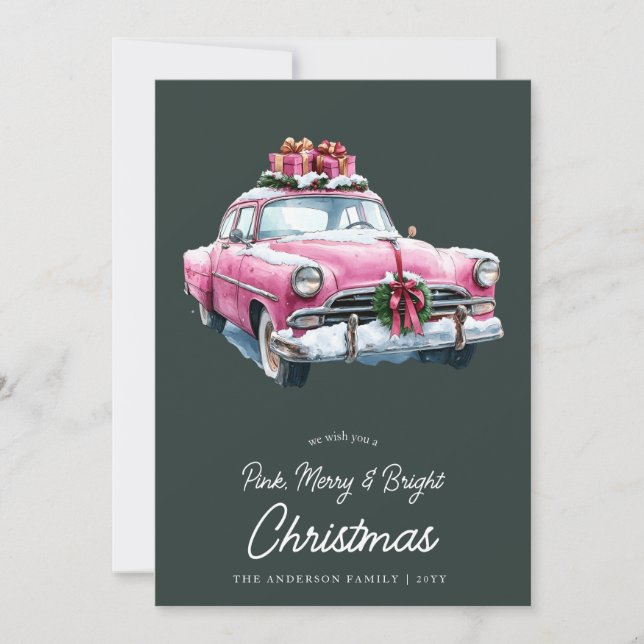 Cartes Pour Fêtes Annuelles Joyeux rose voiture de Noël retro aquarelle (Devant)
