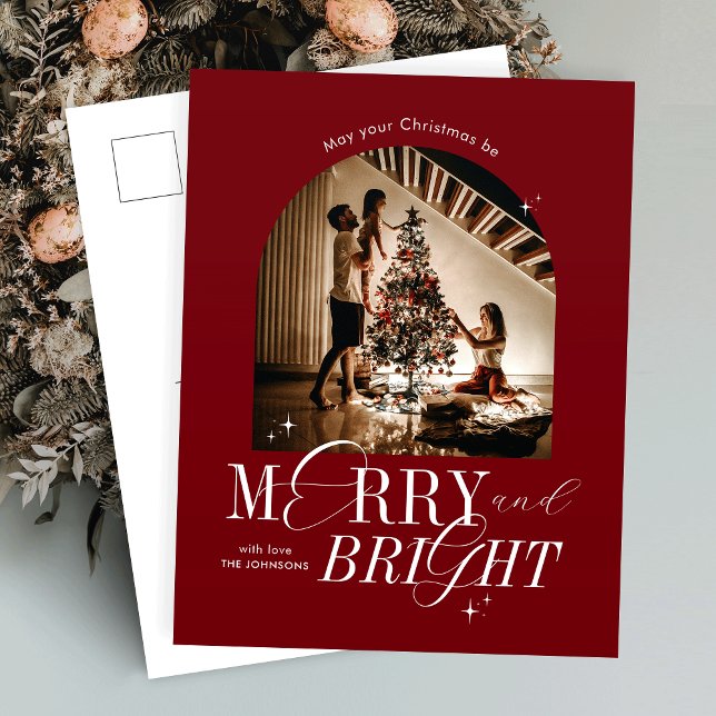 Cartes Pour Fêtes Annuelles Joyeux & Rouge brillant Script photo Noël (Elegant Merry & Bright postcard design, perfect to send out photo christmas cards to loved ones)