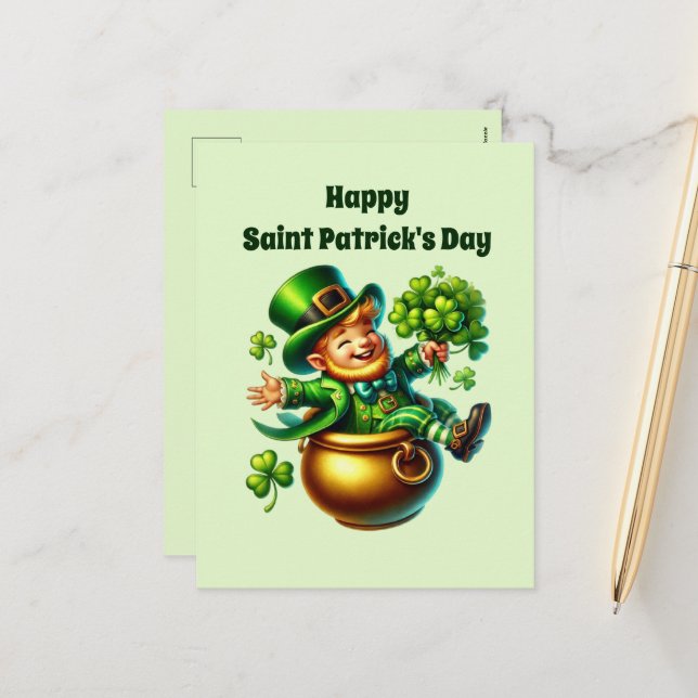 Cartes Pour Fêtes Annuelles Joyeux Saint Patrick's Day leprechaun (Devant/Arrière en situation)