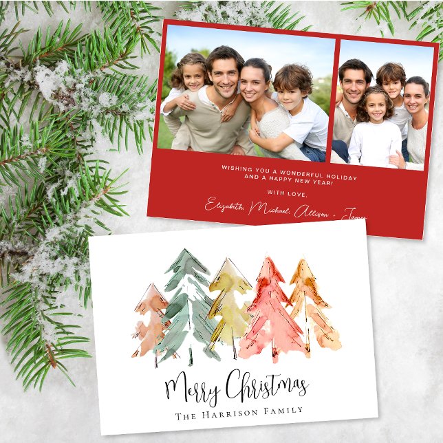 Cartes Pour Fêtes Annuelles Joyeux sapin de Noël aquarelle photo (Share the love and warmth of the holiday season with this personalized photo Christmas card)