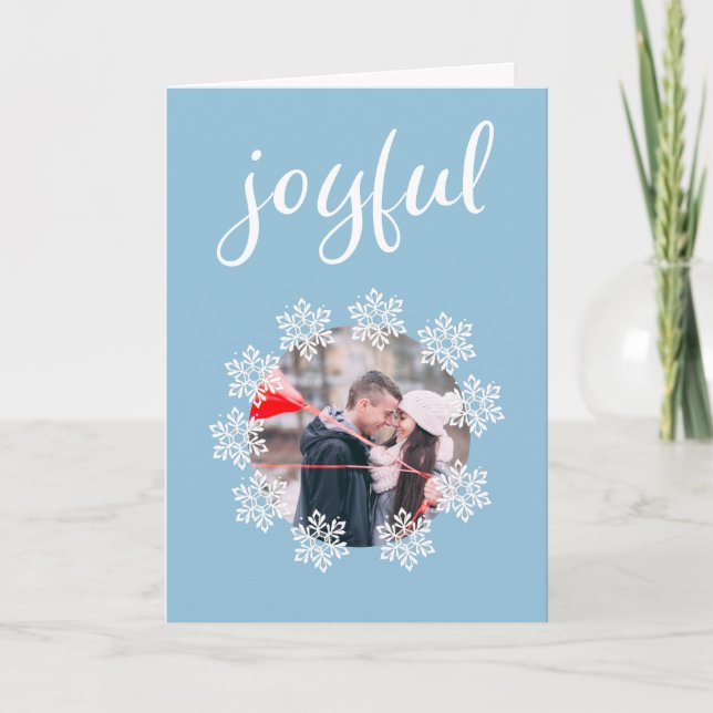 Cartes Pour Fêtes Annuelles Joyeux Script Blue Snowflake Cadre photo (Devant)
