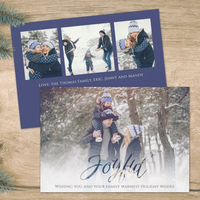 Cartes Pour Fêtes Annuelles Joyeux Script Blue White Snowflake 4 Photo (Créateur téléchargé)