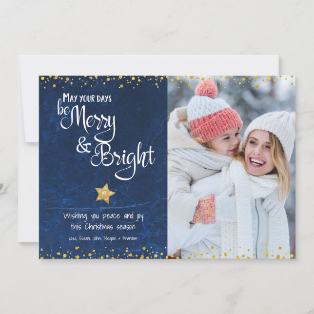 Cartes Pour Fêtes Annuelles Joyeux Script Bright Photo Blue Gold Star Parties  (Devant)