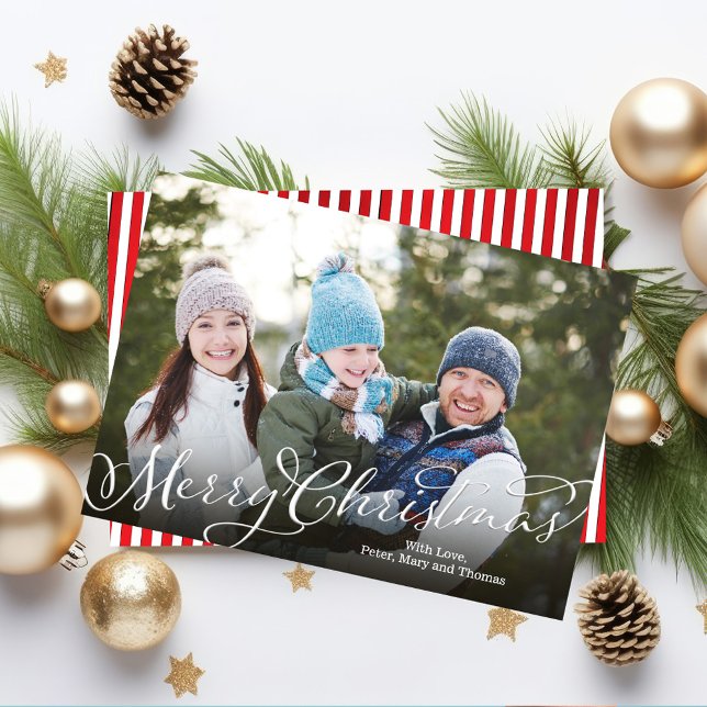 Cartes Pour Fêtes Annuelles Joyeux script de calligraphie de Noël Rouge rayé (Merry Christmas calligraphy script photo card with candy cane striped on the back. )